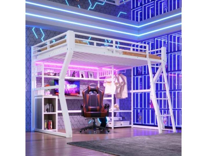 Lit Mezzanine 140x200 Métal Blanc avec Bureau Penderie LED USB Lit Surélevé 2 Places Ado Chambre Étude Rentrée Scolaire Norevia
