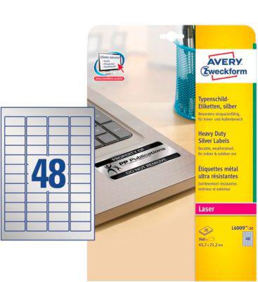 Avery Zweckform Typenschildetiketten L6009-20, extrem robust, geeignet für SW-Laserdrucker, 45,7x 21,2 mm, 960 Stück/20 A4-Bogen, Polyesterfolie, silber