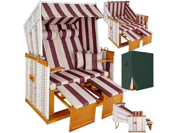 Strandkorb mit Polster, verstellbar, inkl. Schutzhülle - rot/weiss
