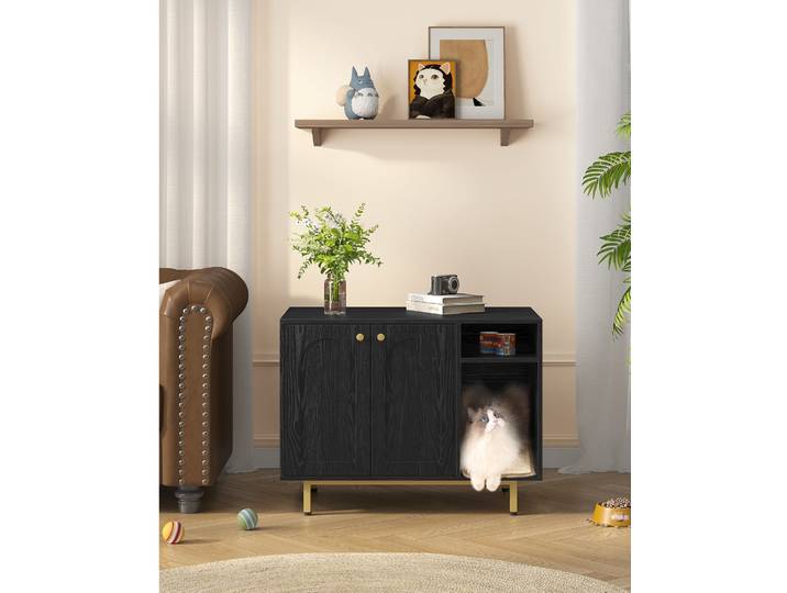 Armoire pour chat, armoire à bac à litière pour chat, maison pour chat avec porte et séparateur séparé, armoire robuste pour chat, banc, noir