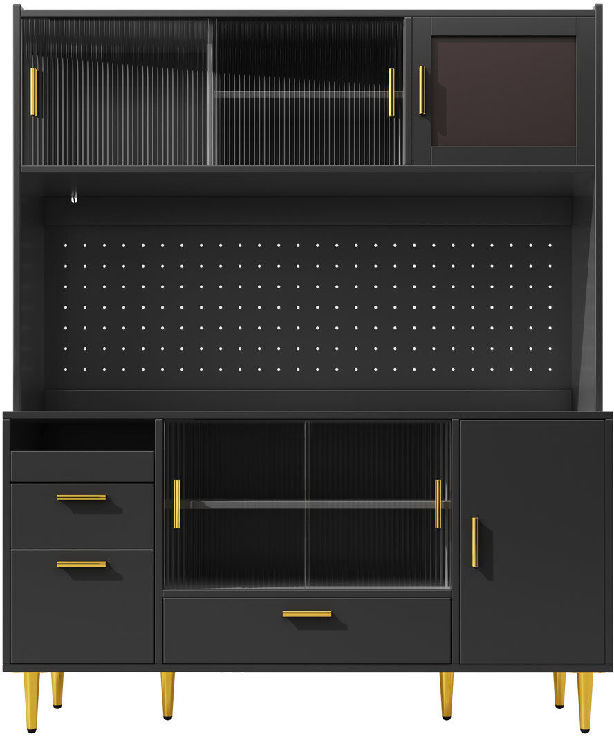 LIFE CARVER Kitchen Cabinet With Led, Doors And 4 Drawers Black 140cm W X 180cm H X 40cm D