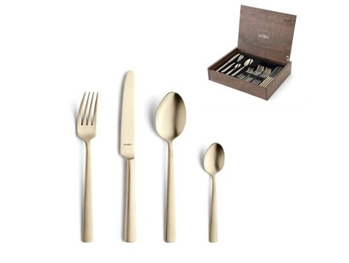 Amefa VENTURA Besteck Set 24-tlg., Edelstahl 18/10, PVD-Beschichtung Champagner-Gold, Klingenstahl 13/0, Familienessen, Handwäsche empfohlen, mattierte Oberfläche, edles zeitloses Design