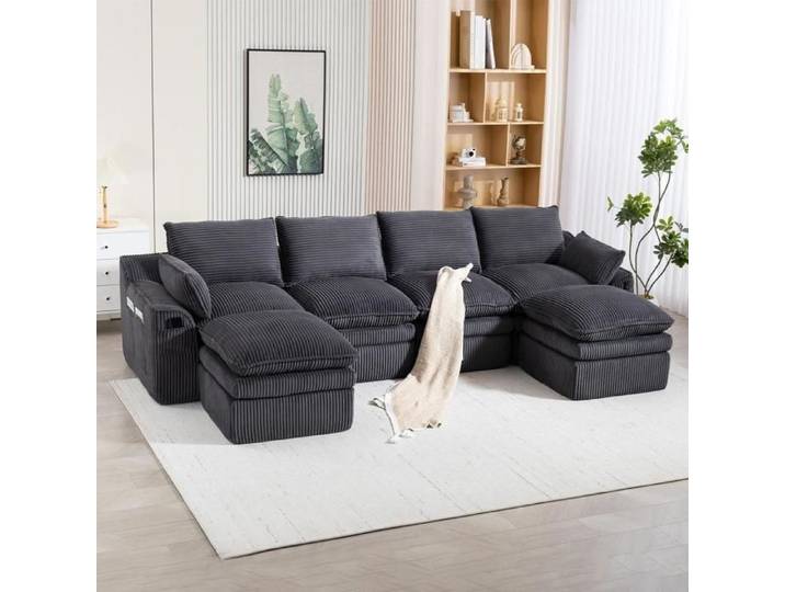 Canapé modulaire - KOMHTOM - Canapé modulaire 4 places - Velours côtelé - 2 poufs - Rangements latéraux