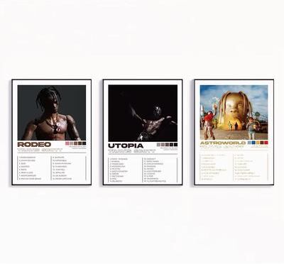 Inspired Finds Modern Travis Scott Music Canvas Wall Art Set For Living Room And Home Decor 3pcs 11.81x15.75in Blackframe