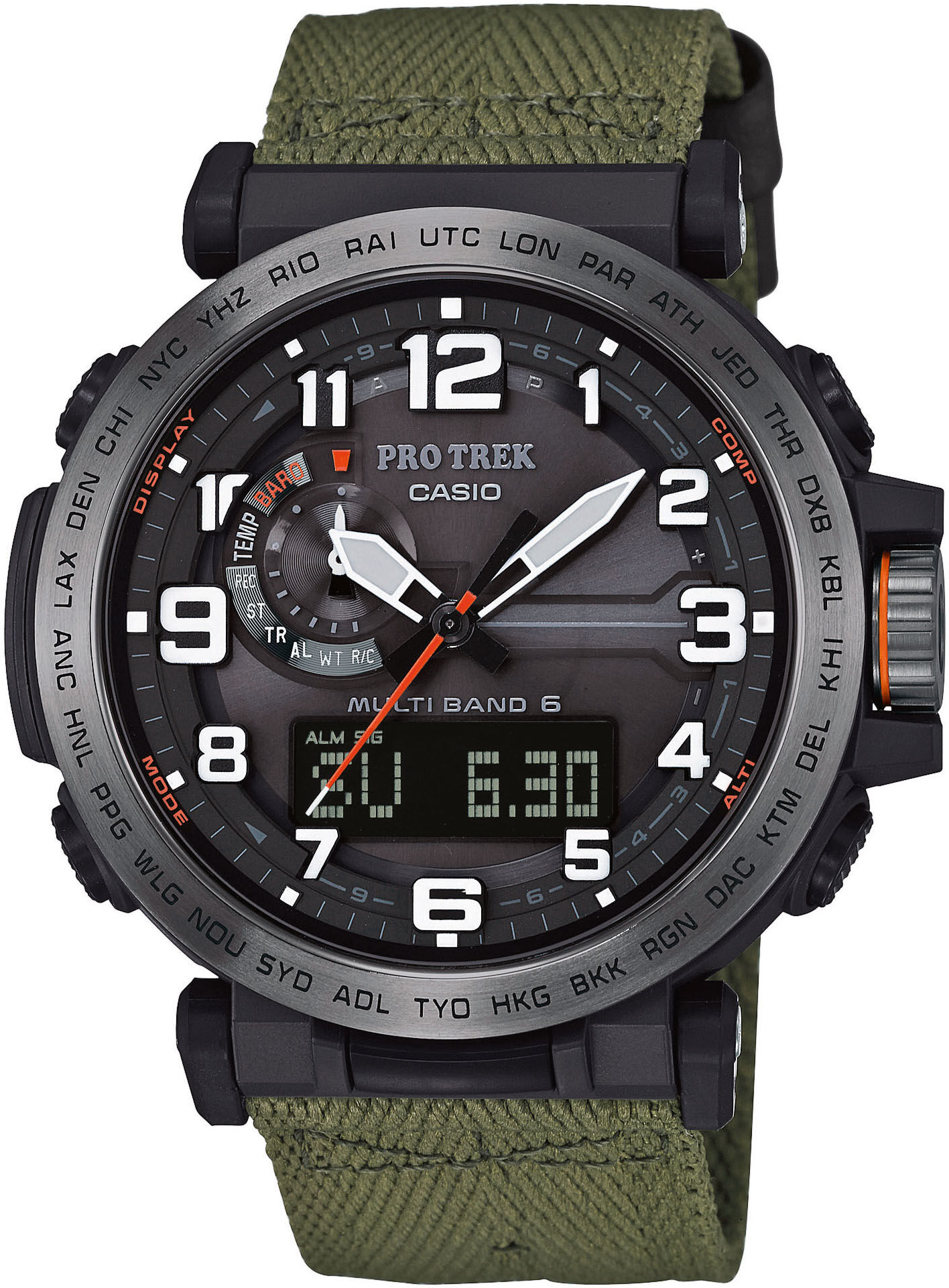 Funkchronograph CASIO PRO TREK, grün (dunkelgrün, schwarz), Armbanduhren, Herren, schwarz, Quarzuhr, Armbanduhr, Herrenuhr, Solar, analog, digital, Stoppfunktion