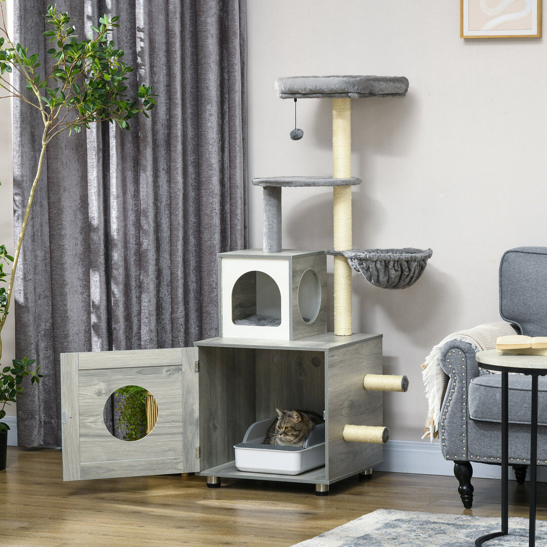 PawHut Cat Litter Box Enclosure with Cat House Bed Scratching Posts Platform Beige;Gray 144.5cm H X 53cm W X 48cm D