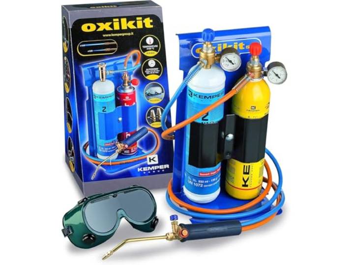 KEMPER - Professionelles Bi-Gas-Sauerstoff-Propangas-Brennset 3300°C: Komplettes Set für Schweißen & Hartlöten, Stahlschneiden 5 mm, Druckminderer, Manometer, Schläuche 1,5 m