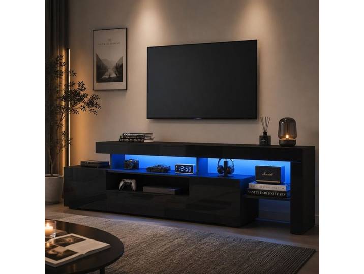 Meuble TV - LEMLIT - 192x37x53 cm - Noir brillant - LED contrôlable - 3 Portes abattantes
