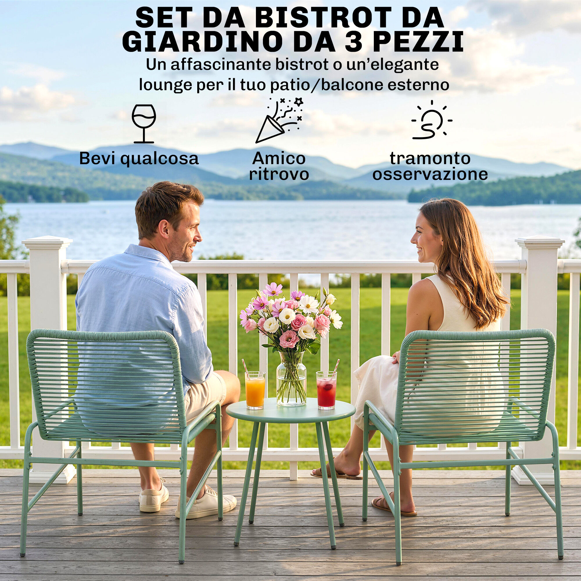 Altro Set Bistrò Rattan 3 Pezzi: 2 Sedie, Tavolo Rotondo Giardino, Verde.