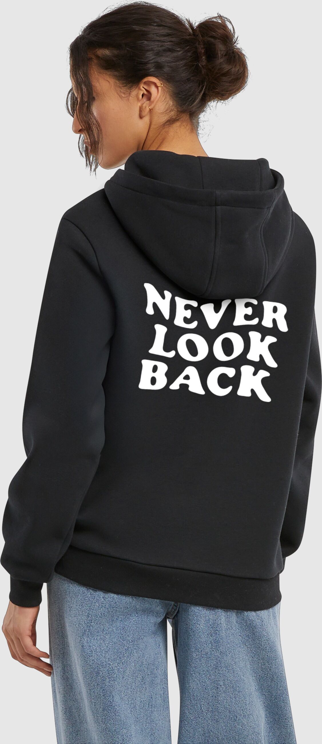 Kapuzensweatshirt MISS TEE "Miss Tee Never Look Back Ladies Fluffy Hoody", Damen, Gr. S, schwarz, 70% Baumwolle, 30% Polyester, bedruckt, Rundhals, Sweatshirts