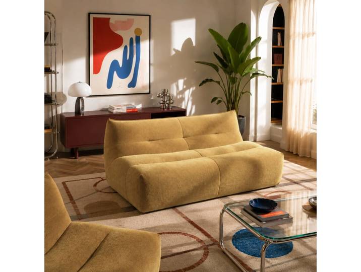 Banquette 2 places tissu jaune moutarde