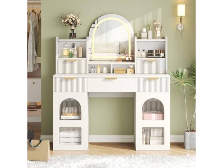 RAPRAP Weiß Schminktisch mit LED-Spiegel, 3 Schubladen Glastüren Ablage Schminktisch mit Beleuchtung, Dressing Table mit Rahmenlosem LED-Spiegel, Dimmbaren Lichtfarben & Verstellbaren Böden, 120cm