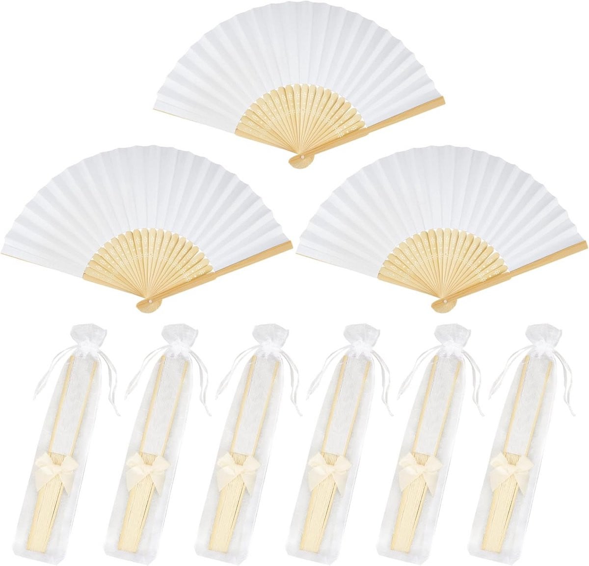 Set van 24 witte papieren vouwwaaiers met organza zakjes en strikjes
