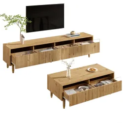 Modernes Wohnzimmerset: TV-Schrank mit 4 Türen & Couchtisch mit 2 Schubladen - Holzfarben-Gold-Design, mit LED-Beleuchtung