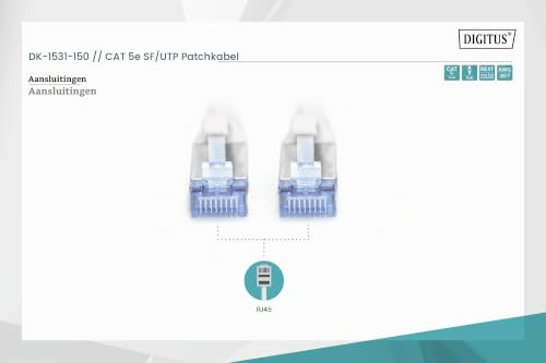 DIGITUS Cat 5e LAN kabel, 15m, RJ45 ethernet kabel, SF/UTP afgeschermd, Grijs