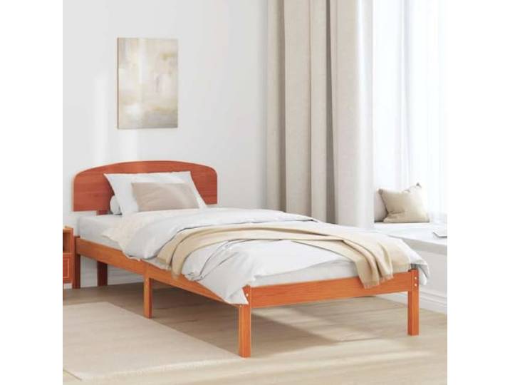 Massives Kiefernholz Modernes Bettgestell Minimalistisch 80 x 200 cm Braun Bettgestell Massives Kiefernholz Wachsbraun 80x200 cm mit Kopfteil und Lattenrost Schlafzimmer Möbel Stabil