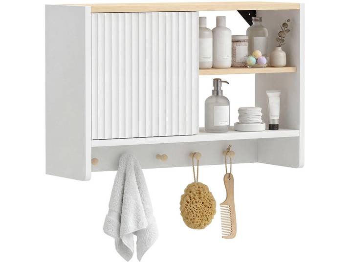 ComfortXL Hängeschrank De-15948 mit 5 Haken Weiß/Eiche, 20x40x60 cm, Badezimmer, Badmöbel, Hängeschränke