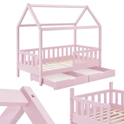 Juskys Kinderbett Marli 80 x 160 cm mit Bettkasten, Gitter, Lattenrost & Dach - Holz Hausbett Rosa