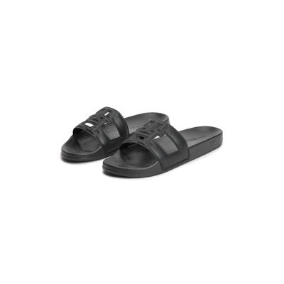 Pantolette TOMMY HILFIGER "TH MONOGRAM POOL SLIDE", Damen, Gr. 37, Synthetik, schwarz, Lederimitat, Schuhe Pantolette, Sommerschuh, Schlüpfschuh mit großem TH in der Bandage