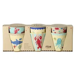 RICE Mittelgroße Melamin Becher Ocean Print 6er Set, blau, 6 Becher 250 ml