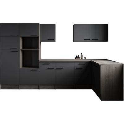 Winkelküche RESPEKTA "Oliver", schwarz (küche: grau, front: grau matt, korpus: eiche york nachbildung, arbeitsplatte: eiche york nachbildung), B:340cm H:205cm T:172cm, Komplettküchen-Sets, Breite 340 cm, 90 cm Arbeitshöhe, in exklusiver...