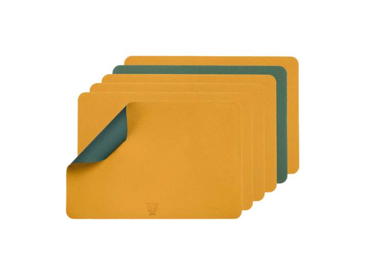 Björn Lot de 6 set de table réversibles rectangulaires en cuir recyclé - Jaune moutarde et vert sapin
