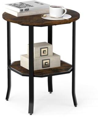 Costway Round Side Table Small End Table with Storage Shelf 2-Tier Nightstand for Small Space-Rustic Brown