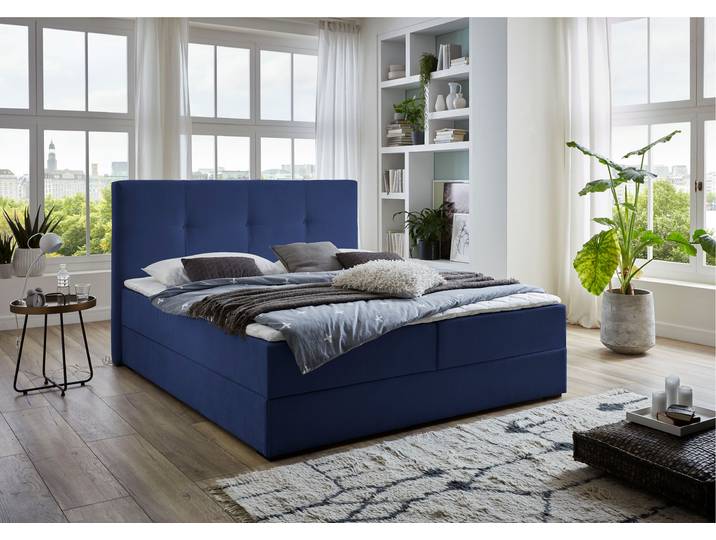 Boxbett Lucy , blau (navyblau), B:165cm L:214cm, Bezug Bettbox und Obermatratze: Strukturstoff (90% Polyester, 10% Nylon);Topper: Jersey (100% Polyester), ATLANTIC HOME COLLECTION, Komplettbetten, Boxbett, mit Bettkasten