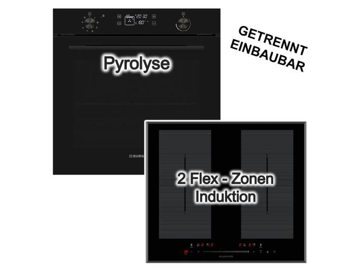 VESTEL Backofen-Set Pyrolyse 78L + Wolkenstein Induktionskochfeld 2 Flexzonen 60cm autark, Pyrolyse-Selbstreinigung