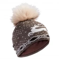 Wollmütze Damen, m. Bommel (Braun/Weiß)