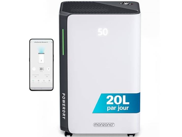 Monzana® Déshumidificateur d'air 20L/Jour 30 m² - WiFi Smart Home App - Absorbeur d'Humidité Automatique\, purificateur d'air\, avec minuterie 24h anti moisissure anti humidité