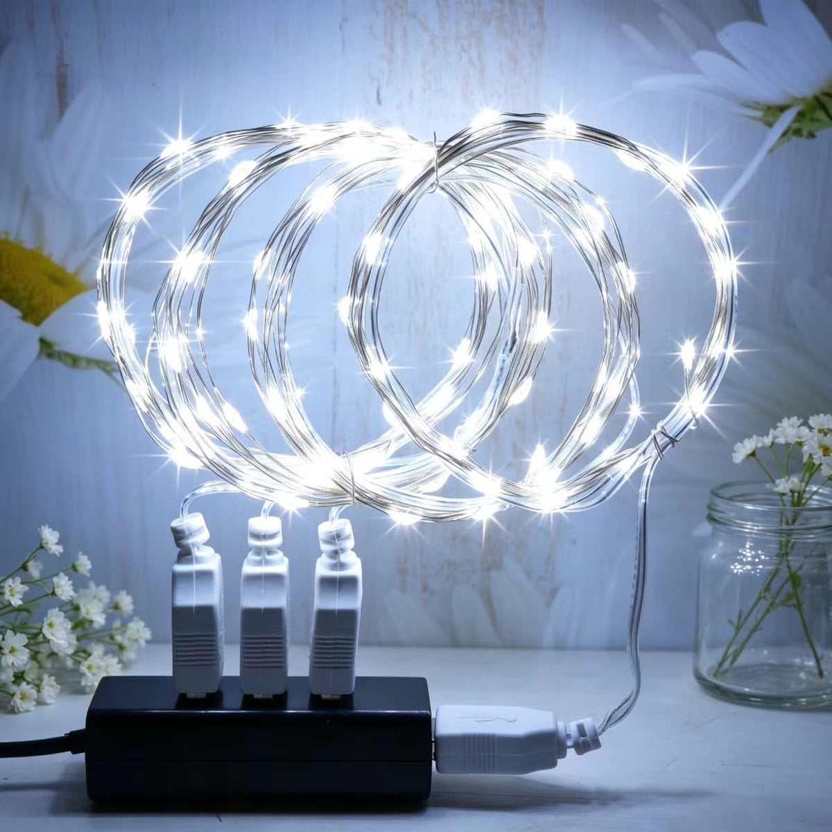 Set van 4 waterdichte LED-lichtslingers met USB-voeding, 2 meter, wit