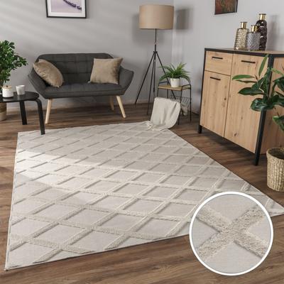 Teppich PACO HOME "Utrecht 642", beige (creme), B:230cm H:4mm L:340cm, Polyester, Teppiche, Teppich, Kurzflor, Uni Farben, 3D-Design, Rauten Muster, Hoch-Tief Effekt