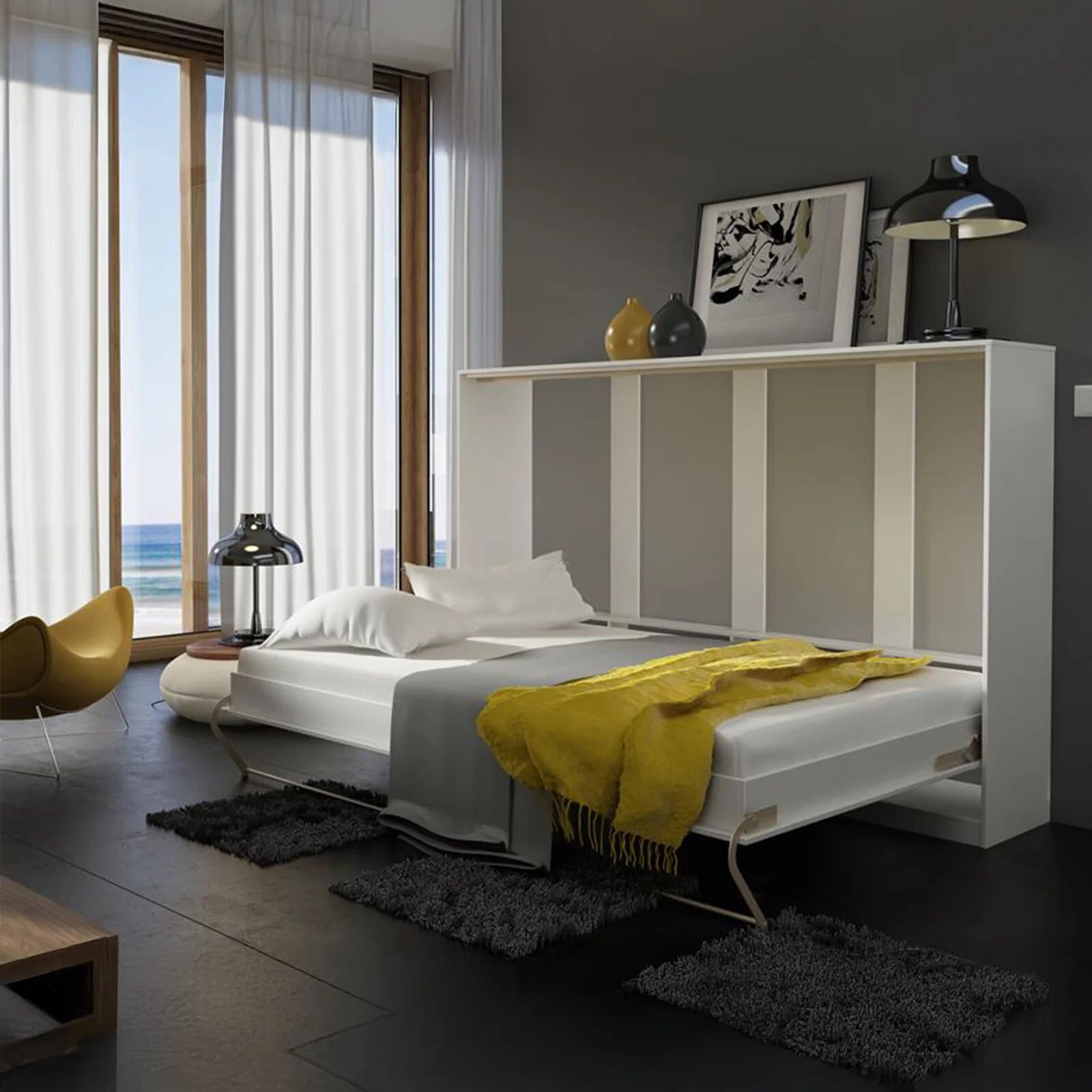 garneroarredamenti Letto a scomparsa orizzontale 140x200 cm alla francese bianco Chimera