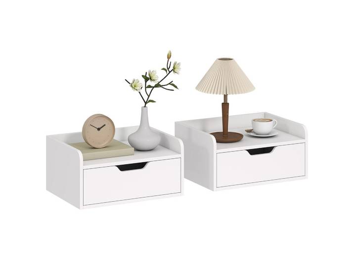 ComfortXL Nachtschrank 2er-Set De-12966 Schublade und erhöhte Kante Holzoptik, Weiß, 30x19.5x40 cm, Schlafzimmer, Nachtkästchen