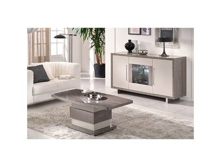 AUXANE - Ensemble Table Basse + Buffet 3 Portes Led Gris Metallisé et Mat