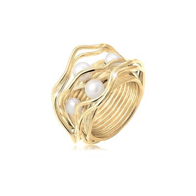 Perlenring NENALINA "Süßwasserperlen Geschwungen Gedreht 925 Silber" Gr. 58, gold, Fingerringe, Damen, 58mm, ohne Stein, Silber 925 (Sterlingsilber), 9mm, Perlenring