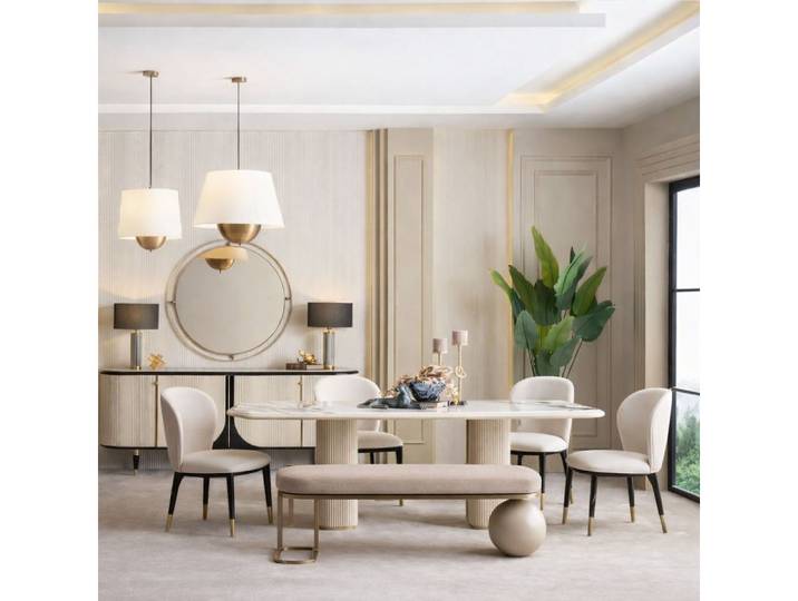 Xlmoebel Essgruppe Beige Esszimmergruppe: Tisch, Stühle, Bank, Sideboard und Spiegel, (Esszimmergruppe, 8-tlg., Esszimmergruppe mit Tisch, Stühlen und Bank), Made in Europa