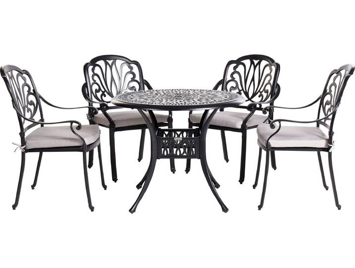 BELIANI Gartenmöbel Gartenset Schwarz Aluminium 1 Tisch 4 Stühle 4 Gartenkissen
