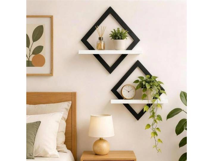 Étagère murale losange en bois massif blanc - style bohème à suspendre pour décoration murale