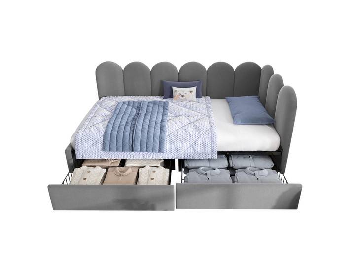 Redom Polsterbett 90/190 cm mit 2 Schubladen, Lattenrost, austauschbaren Seitenteilen und Samtbezug, Grau, 90x190 cm, Schlafzimmer, Betten, Polsterbetten