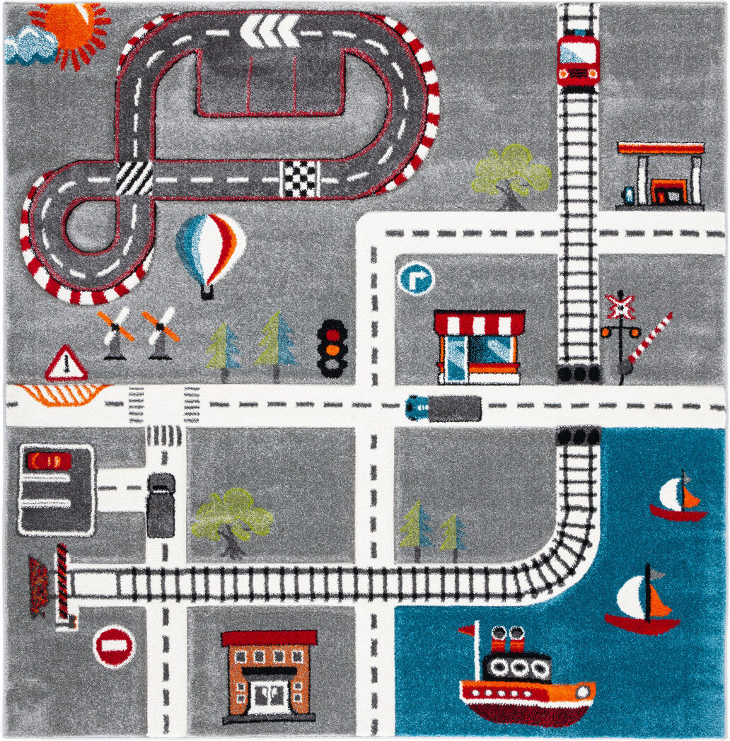 Zoomie Kids Carousel Kids Racetrack Area Rug In Grey / Ivory Ivory Square 160cm