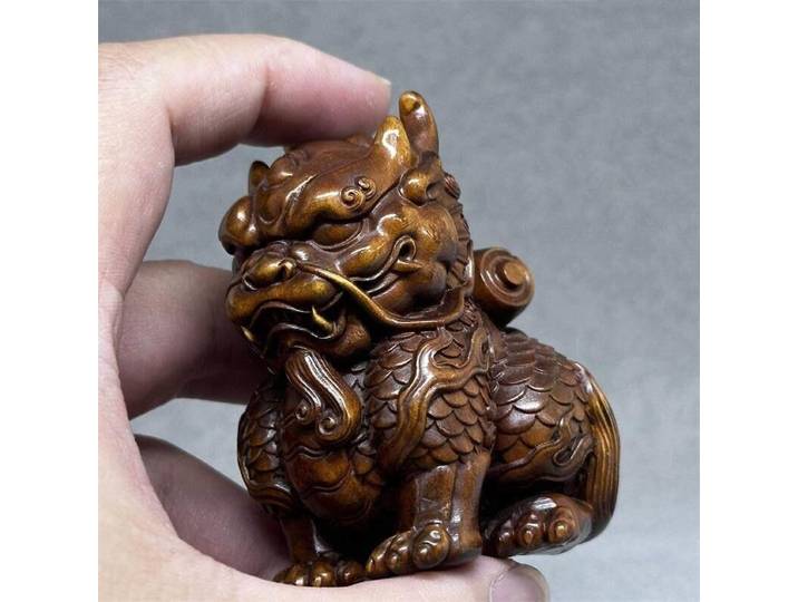 Sculpture rétro en buis, Kirin, bête porte-bonheur, décoration de bureau en bois massif, style chinois, décoration de maison, feng shui, artisanat porte-bonheur