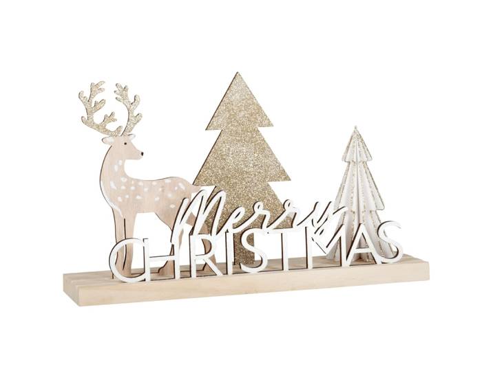 Weihnachtsdeko mit Hirsch und Baum, weiß, gold und beige