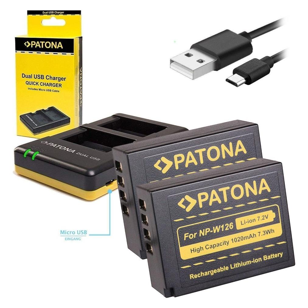 Patona Ladegerät Foto Dual Quick Fuji NP-W126 + 2x Akkus 1020mAh / USB (Kamera Akku Ladegerät) (PT1957B)