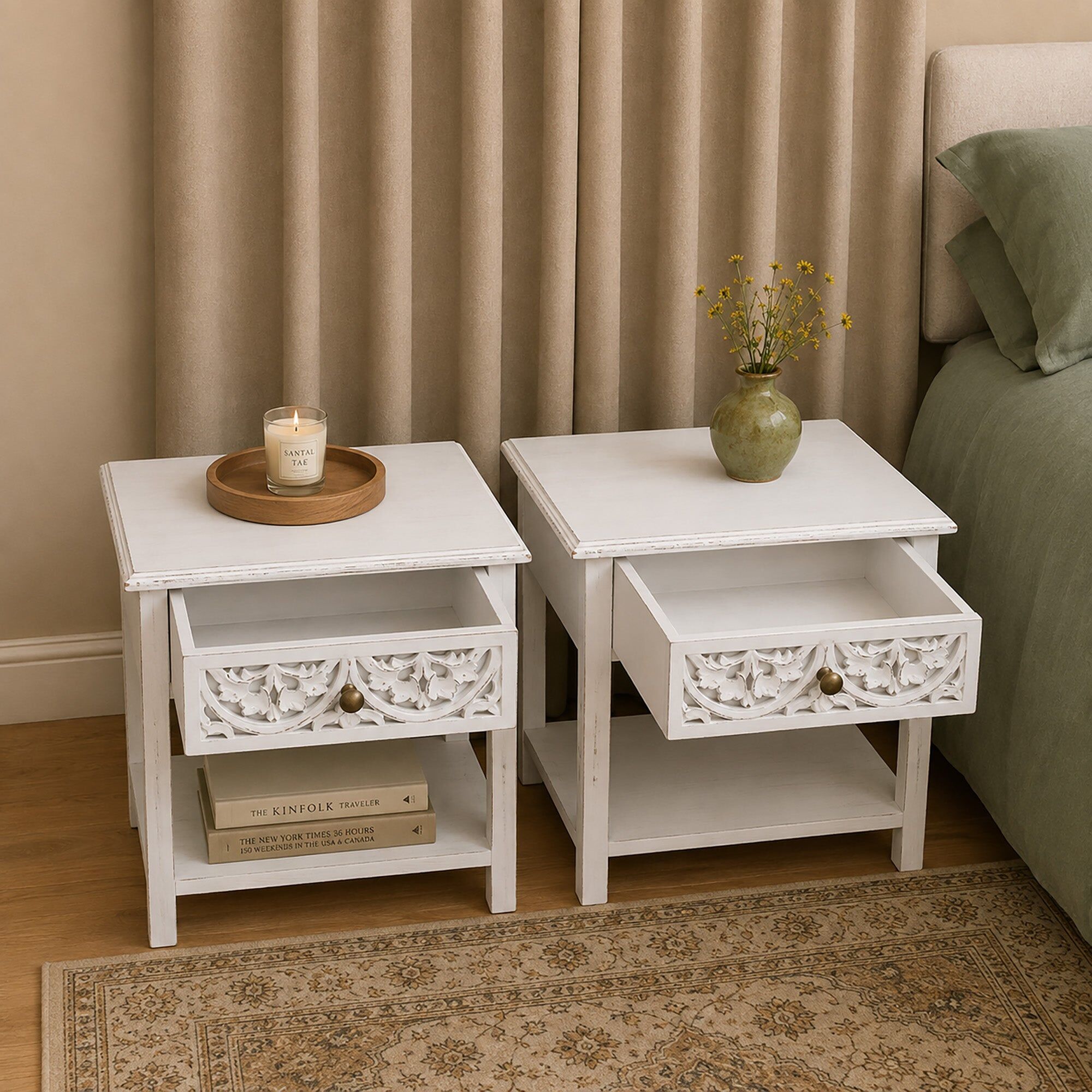 Pair of Bohemian Distressed White Mango Wood One Drawer Bedside Tables - Freya White Range Wood, Metal
