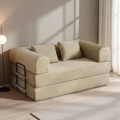 ZWYO HOSIMU "59.05"" Corduroy Convertible Folding Sleeper Sofa with Cylindrical Pillow and 5-in-1 Design.."