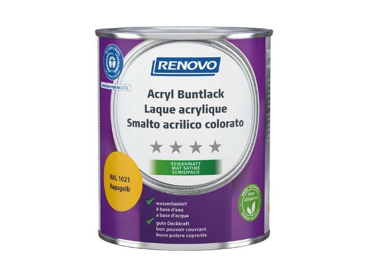 Renovo Acryl Buntlack RA l 1021 Rapsgelb Seidenmatt 750 ml