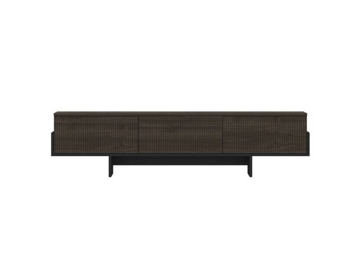 CALICOSY - Meuble TV 3 portes abattantes striées L180 cm - HELYO - Noyer/ Noir