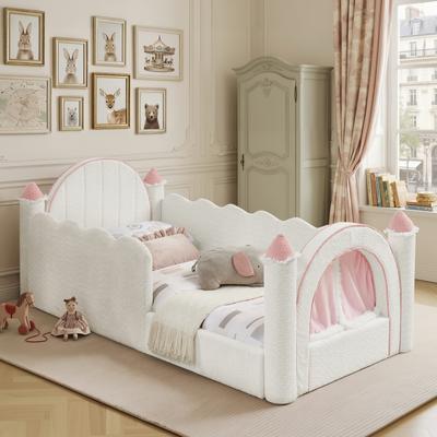 toswini Twin Upholstered Castle Daybed with Curtain Full Guardrails and Rounded Padded Frame